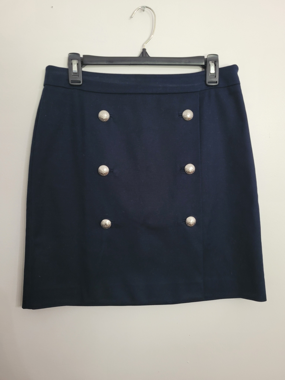 Talbots Nautical Faux Wrap Pencil Skirt Navy Silver Tone Metal Buttons Size 6P